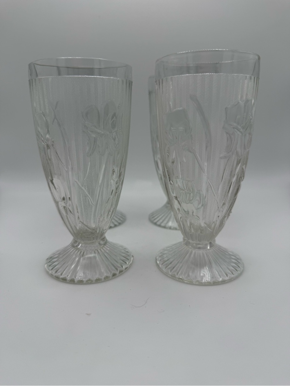 1928-1932 Vintage Iris & Herringbone Clear Etched Floral Glass Goblets -Set of 4